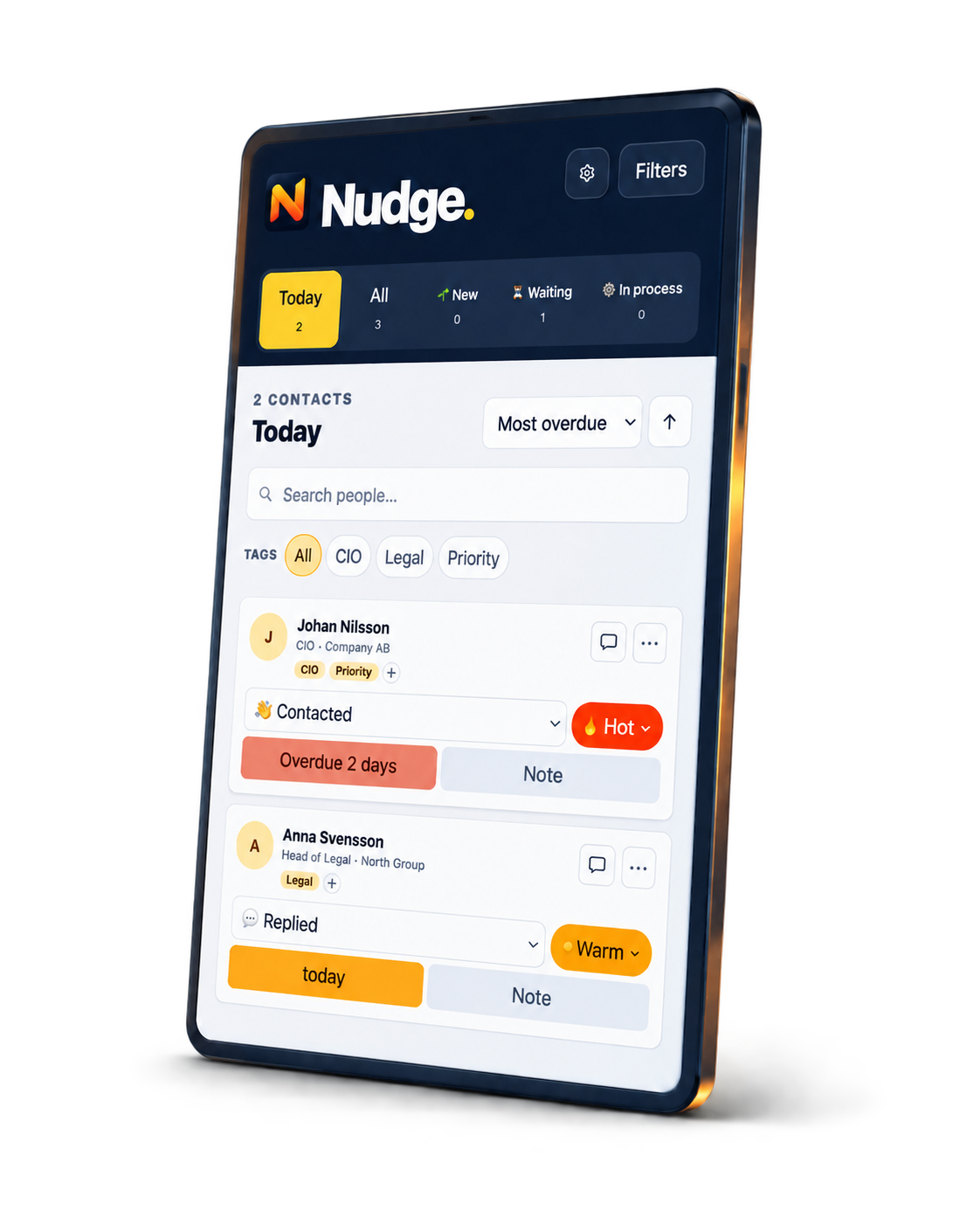 Angled Nudge side panel showing follow-up contacts, dates, tags and statuses